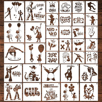 Keluna Street Spray Painting Stencils - 36 Pcs Graffiti Street Art Stencils for Painting on Wall Rock Canvas Bags T-Shirt Rug Mat - style: graffiti
