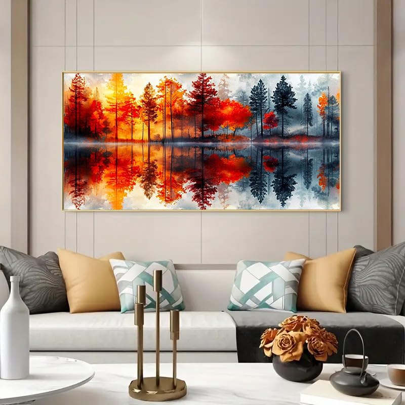 MOMDEDP 5D Lake & Forest Reflection Large Diamond Art Kit for Adults, 27.6x15.7 Inch Large Landscape Diamond Painting with Numbered Canvas, DIY Full Drill Gem Craft Kits, Serene Gift for Beginners