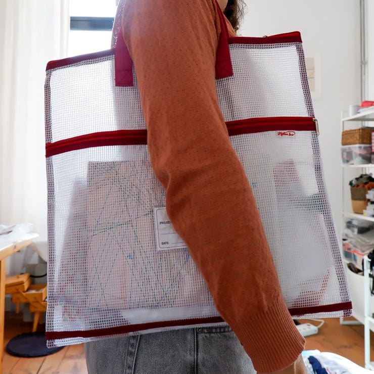 Madam Sew Project Bag - Craft Bag Organizer Tote with Handles, Two Pockets, See-Through Mesh, and Card Slot – Perfect for Quilting, Knitting, Stitching and Embroidery Projects Storage - 16”x16” - color: DARK RED