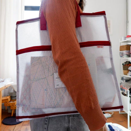 Madam Sew Project Bag - Craft Bag Organizer Tote with Handles, Two Pockets, See-Through Mesh, and Card Slot – Perfect for Quilting, Knitting, Stitching and Embroidery Projects Storage - 16”x16” - color: DARK RED