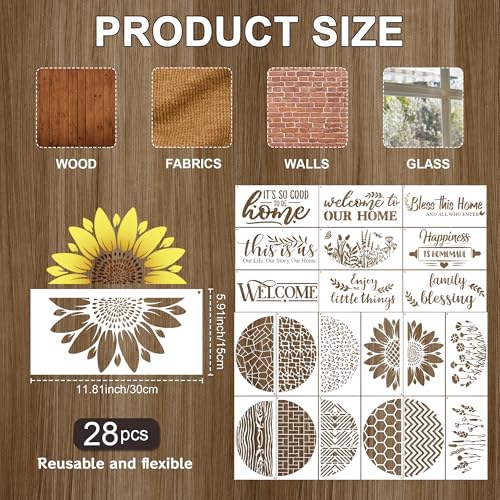 Keluna Welcome Home Stencils for Painting - 28 Pcs Reusable Welcome Letter Stencils for Crafts, Half Round Texture Template, Flower Paint Stencil for Painting on Wood Sign Wall Decor - style: half round stencil