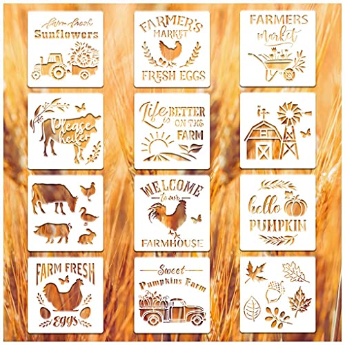 12 Pieces Farm Stencils Reusable Farmhouse Stencils Farm Theme Painting Template for Drawing Tracing DIY Furniture Wall Floor Fabric Decors Pastoral Lovers (6x6 inch) - style: Contemporary
