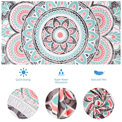LIVILAN Round Boho Bohemian Mandala Beach Towel,Thick Microfiber Cute Circular Quick Drying Sand Free Beach Towel, Circle Towel Hippie Gifts for Women, 59 inches Madiation Tapestry with Tassels - color: Mandala Beach Towel