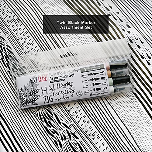 Kuretake ZIG Twin Marker BLACK 4 Assortment set for Hand Lettering, Calligraphy Art, Illustration, Journaling, Cartooning, AP- Certificated, Made in Japan