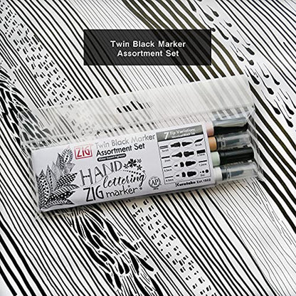 Kuretake ZIG Twin Marker BLACK 4 Assortment set for Hand Lettering, Calligraphy Art, Illustration, Journaling, Cartooning, AP- Certificated, Made in Japan