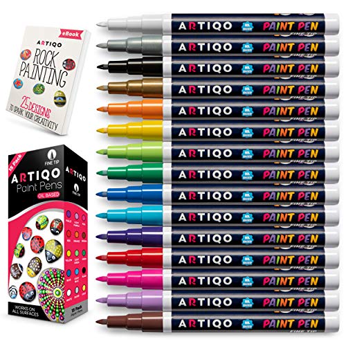 Fine Tip Paint pens for Rock Painting - Wood, Glass, Metal and Ceramic Works on Almost All Surfaces Set of 15 Vibrant oil based fine point paint markers, Quick Dry, Water Resistant