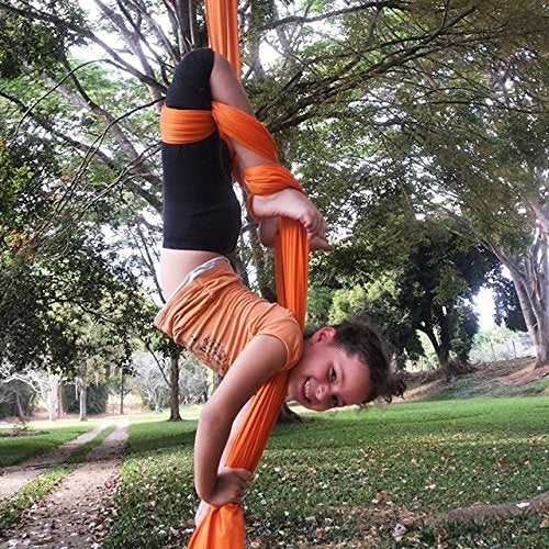 Durable Aerial Silks Starter Kit with 11-Yard Yoga Hammock & Hardware | Aerial Swing for Acrobatic Flying Yoga & All Levels, Aerial Rigging Point up to 14ft, Durable, Safe - color: Orange