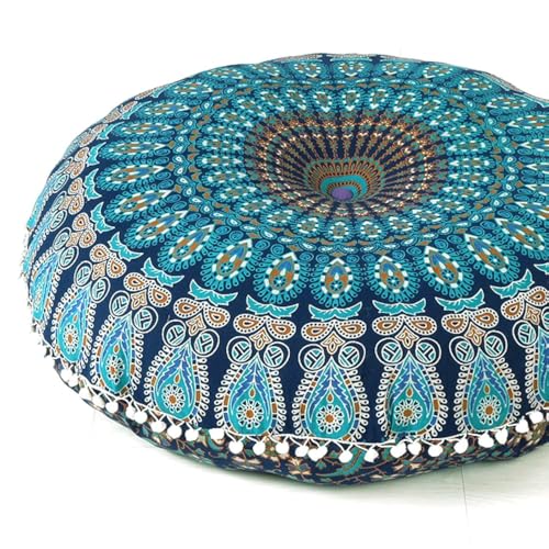 Mandala Floor Pillow Cover Meditation Cushion Seating Throw Hippie Round Colorful Decorative Bohemian Indian Pouf Ottoman Handmade Cover ONLY (A1 Dark Blue-1, 32" x 32") - color: A1 Dark Blue-1, size: 32" x 32" (Pack of 1)