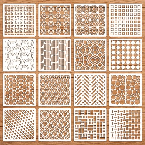 Geometric Stencils for Painting, 16 Pcs 6 Inch for Wood Signs Canvas | Reusable & Easy to Clean, Abstract Layering Patterns, Gift Boxes, Scrapbooks, Paper Projects, Beginner Friendly - color: Geometric 6" 16PCS 03