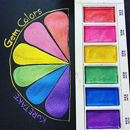 Kuretake Gansai Tambi GEM COLORS, 6 colors set, Made in Japan | 6 sparkling metallic colors, Watercolor Paint Set, large pans, Professional Use, Artist Grade - style: GEM COLOURS