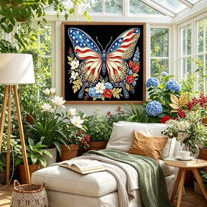 Diamond Art Painting Kits for Adults, Patriotic American Flag Butterfly Full Drill Diamond Dots Paintings for Beginners, Round 5D Paint with Diamonds Pictures Gem Art Painting Kits DIY Crafts Kits - color: Patriotic Butterfly