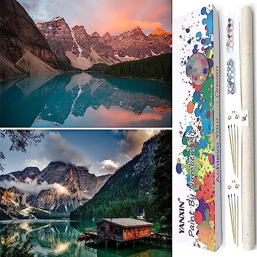 Paint by numbers Kit for adults beginners 2 pack paint by numbers for adults rolled up canvas for home decoration creative wall art with colorful gift box 12x16 inch mountain lake sunset 169-170 - color: YX8001-169-170