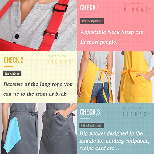 BIGHAS Adjustable Bib Apron with Long Ties for Women Men 18 Colors Chef Kitchen Cooking - color: White
