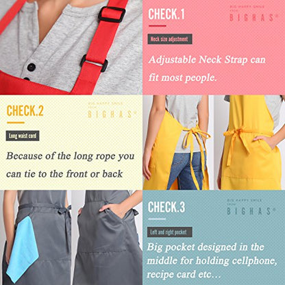 BIGHAS Adjustable Bib Apron with Long Ties for Women Men 18 Colors Chef Kitchen Cooking - color: White