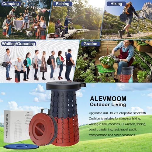 ALEVMOOM Upgraded XXL 19.7" Collapsible Stool with Cushion, Heavy Duty Portable Folding Stool Max Load 1000 lbs, Retractable Telescoping Foldable Seat Chair for Camping Fishing Travel - color: Navy Red