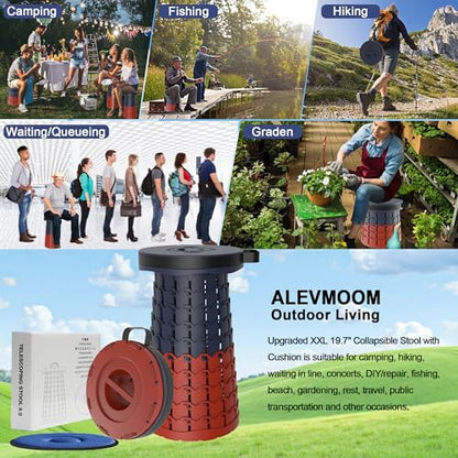 ALEVMOOM Upgraded XXL 19.7" Collapsible Stool with Cushion, Heavy Duty Portable Folding Stool Max Load 1000 lbs, Retractable Telescoping Foldable Seat Chair for Camping Fishing Travel - color: Navy Red