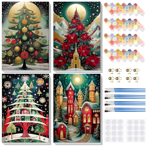 Bowetile 4 Pack Framed Paint by Numbers Christmas for Adults, Adults' Paint-by-Number Kits on Canvas, Acrylic Christmas Tree Number Painting Crafts Kits Christmas Gifts for Home Decor, 8x12in - color: Christmas Tree