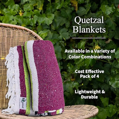 Quetzal 4 Pack Mexican Blankets, 74"x50", Apple Green/Magenta/Navy Cancun