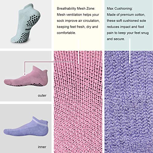 Hylaea Unisex Non Slip Socks with Grip for Yoga, Hospital, Pilates, Barre | Ankle, Cushioned | Breathable Cotton, Thick Cushioned Sole, Anti-Slip, Ankle Protection, Men Women, Ideal for Yoga, Barre, Hospital & Home Use - color: 3 Pairs (Pink Purple Blue),