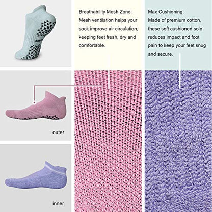 Hylaea Unisex Non Slip Socks with Grip for Yoga, Hospital, Pilates, Barre | Ankle, Cushioned | Breathable Cotton, Thick Cushioned Sole, Anti-Slip, Ankle Protection, Men Women, Ideal for Yoga, Barre, Hospital & Home Use - color: 3 Pairs (Pink Purple Blue),