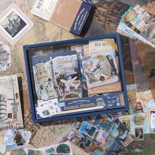 ATIRAMANIYA 346pcs Vintage Scrapbook Kit Aesthetic Junk Journal Set with Stickers, Washi Tape, A6 Notebook & Decorative Paper, All-in-One Scrapbook Kit Stationery (Global Travel) - color: Global Travel