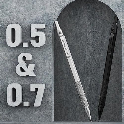 2PCS Metal Mechanical Pencil Set, 0.5mm+0.7mm, Storage Case, Black＆Silver | 360 Lead Refills, 3 Erasers, 9 Eraser Refills, Smooth Writing, Anti Grip, for Sketching, Technical Drawing, Art Projects - color: Silver+Black (2PCS)