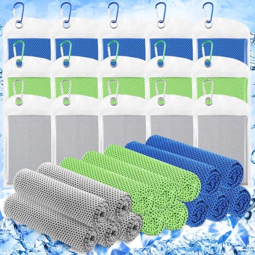 Hosuly 15 Pcs Cooling Towels 40" x 12", Dark Blue, Bright Green, Light Gray - color: Dark Blue, Bright Green, Light Gray