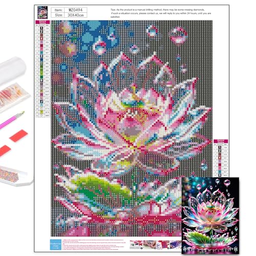 Axquilon Lotus Diamond Art Kits for Adults 12x16inch | Round Full Drill 5D Flowers Diamond Painting Kits for Beginners Paint by Diamonds Gem Art Painting Kits DIY Crafts Kits - color: Lotus