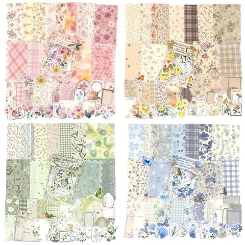 OKUPAN Scrapbook Supplies Kit – 400Pcs Scrapbook Paper & Journal Stickers | 4 Pack Vintage Floral Journaling Supplies for Bullet Journaling, Retro Crafts, Planner, Mixed Media, Collage Card Album - color: 4 PACK
