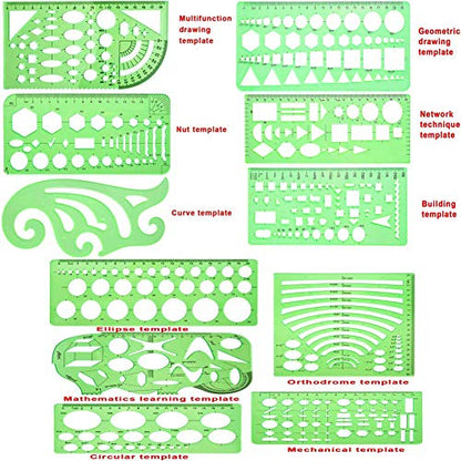 11 Piece Geometric Drawing Template Measuring Ruler, Transparent Green Plastic Ruler with Portable Plastic Bag for, for Studying, Designing and Building