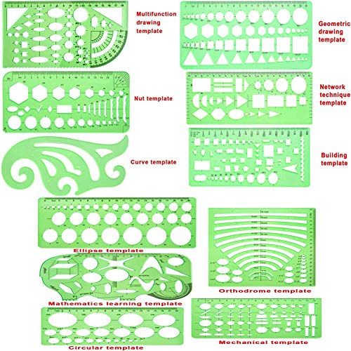 11 Piece Geometric Drawing Template Measuring Ruler, Transparent Green Plastic Ruler with Portable Plastic Bag for, for Studying, Designing and Building