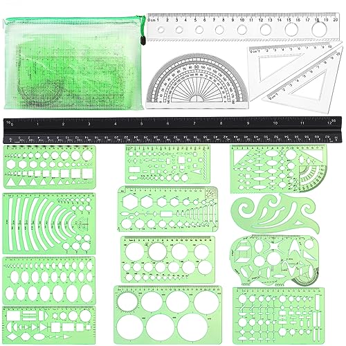 18 Pcs Geometric Drawings Templates, Drawing Stencils, Drawings Tools | Stencils for Drawing, Drafting Stencil with a Storage Bag for Architecture, Studying, Office, Designing