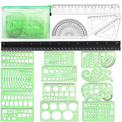 18 Pcs Geometric Drawings Templates, Drawing Stencils, Drawings Tools | Stencils for Drawing, Drafting Stencil with a Storage Bag for Architecture, Studying, Office, Designing