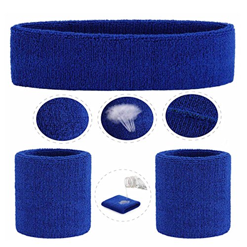 ONUPGO Sweatband Set Sports Headband Wristband Set Sweatbands Terry Cloth Wristband Wrist Sweatband Headbands Moisture Wicking Sweat Absorbing Head Band - color: Dark Blue