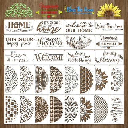 Keluna Welcome Home Stencils for Painting - 28 Pcs Reusable Welcome Letter Stencils for Crafts, Half Round Texture Template, Flower Paint Stencil for Painting on Wood Sign Wall Decor - style: half round stencil