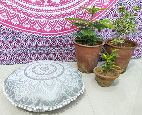 24" White Silver Flower Mandala Barmeri Large Floor Pillow Cover Cushion Meditation Seating Ottoman Throw Cover Hippie Decorative Zipped Bohemian Pouf Ottoman Pom Pom Cases 24 " round - color: Silver, style: 24 Inch Round