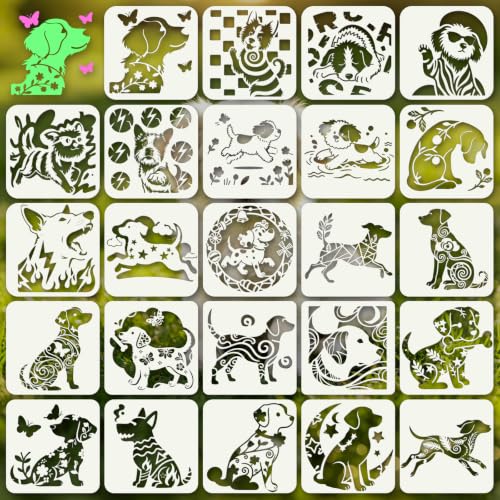 Dog Stencils for Crafts Reusable 24Pcs Stencils(5.9X5.9 Inch) | DIY Art Painting Stencil Furniture Decor Kit for Wood Embroidery Wall Silk Screen Journaling - color: Dog 1