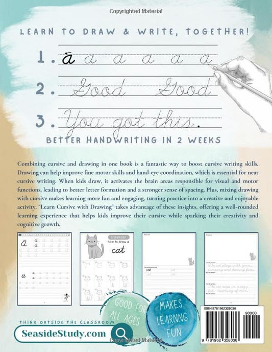 Learn Cursive with Drawing: Alphabet and Word Tracing Practice for Elementary Kids, Sketch Lettering Cursive and Penmanship Writing Drills Workbook