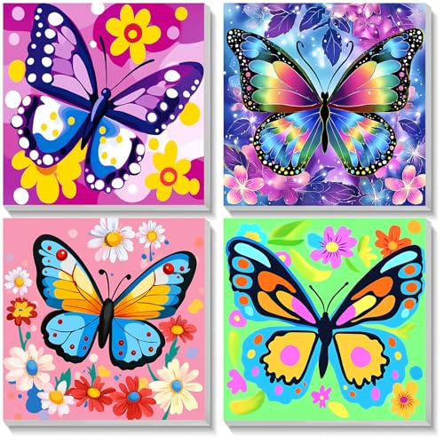 TOSTOG 4 Pack Paint by Number for Kids with Wooden Frame, DIY Butterfly Paint by Numbers for Kids Ages 8-12, Acrylic Oil Painting Kits Easy Paint by Number for Gift Home Wall Decor 8in X 8in - color: Butterfly
