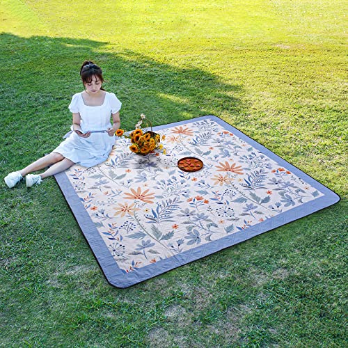 DEWUR Picnic Blankets 79"x79" Extra Large Outdoor Blanket Beach Blanket Waterproof SandProof Picnic Mat Washable Foldable Portable for Grass Lawn Beach Camping (White with Flowers) - color: White With Flowers