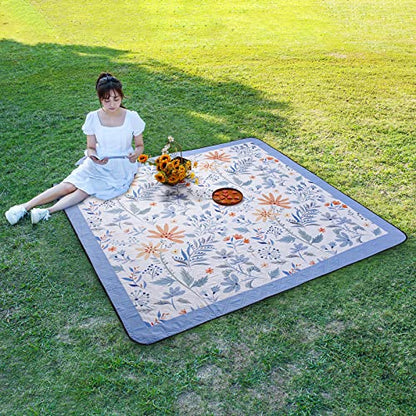 DEWUR Picnic Blankets 79"x79" Extra Large Outdoor Blanket Beach Blanket Waterproof SandProof Picnic Mat Washable Foldable Portable for Grass Lawn Beach Camping (White with Flowers) - color: White With Flowers