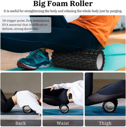 6 in1 Foam Roller Set, Trigger Point Foam Roller, Yoga Stick, Massage Ball, Fixation Ball, Fitness Stretching Strap, Carrying Bag, Towel for Deep Muscle Massage Pilates Yoga - color: Black