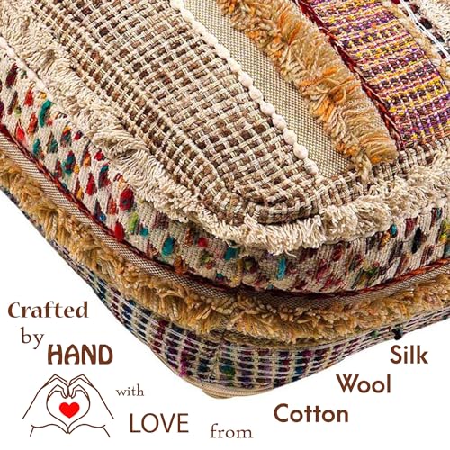 Mandala Life ART Bohemian Floor Cushion Cover - Pure Wool and Cotton Mix - 24x24x8 inches -Filler not Included - Artisan Hand Embroidery Patch Work - Boho Chic Luxury Moroccan Pouf Cover - color: Jaipur