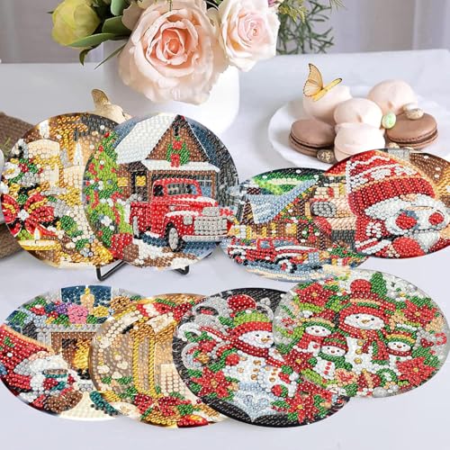 mrpwnle 8 Pcs Diamond Art Coasters Christmas Diamond Painting Coasters | Christmas Diamond Art Coasters Kit for Adults Christmas Diamond Painting Coasters with Holder DIY Diamond Dots for Gift Life - color: Christmas Coasters