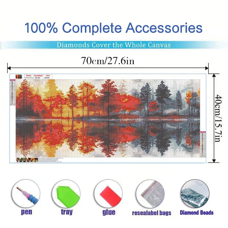 MOMDEDP 5D Lake & Forest Reflection Large Diamond Art Kit for Adults, 27.6x15.7 Inch Large Landscape Diamond Painting with Numbered Canvas, DIY Full Drill Gem Craft Kits, Serene Gift for Beginners