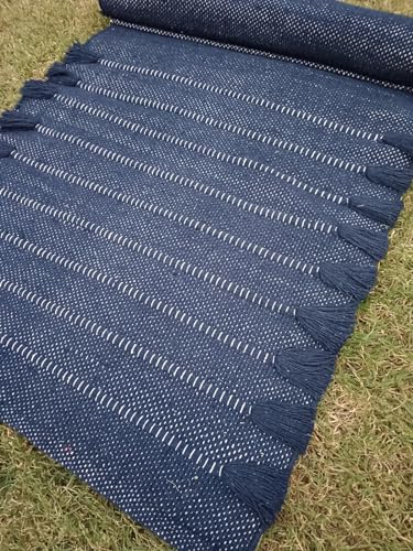 Jaipur art & Rugs Organic Cotton Yoga Mat - Eco-Friendly Hand-Woven Rug - Non Slip & Thick (24”x72”x5mm) for Everyday Fitness at Home - Comfortable Extra-Long - color: Navy Blue