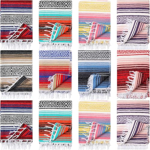 Macarrie 12 Pcs Mexican Beach Blankets Bulk Large Thick Serape Blanket Colorful Striped Yoga Throw for Outdoor Beach Park Picnic Car Couch Home - color: Dark Colors