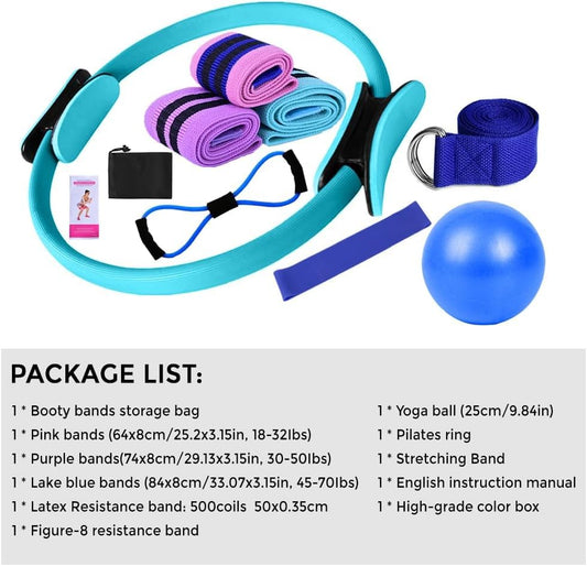 Pilates Set – Home Pilates Equipment for Women Kit with Magic Circle Pilates Ring and Ball Set, Resistance Bands & Massage Balls & Exercise Bands for Toning，Flexibility & Core Strength - color: Black