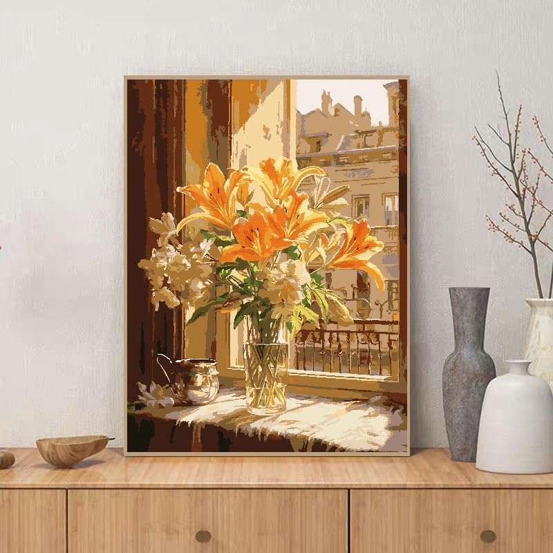 ZRIZQ Flowers Paint by Numbers Kit for Adults Beginner,City Scape,16x20 | Full set with wooden brushes,rolled canvas,rich paints.Calming activity.Beginner friendly.Just open and paint. - color: 16"X20"Rolled Canvas-Floral