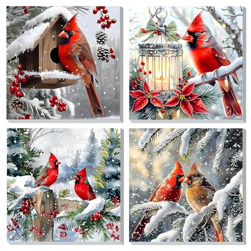 DOMROM 4 Pack Paint by Numbers for Adults, Cardinal Bird DIY Paint by Number Kits on Canvas with Frame, Easy Winter Acrylic Painting Set for Home Wall Decor Gift 8x8 Inch - color: YH4ZH655